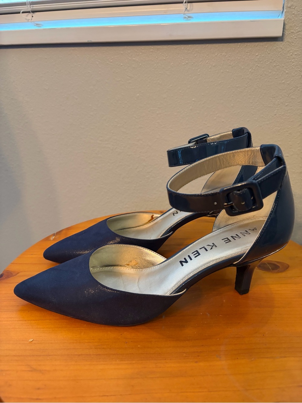 Anne Klein Navy Pointed Ankle-Strap Kitten Heel Pumps